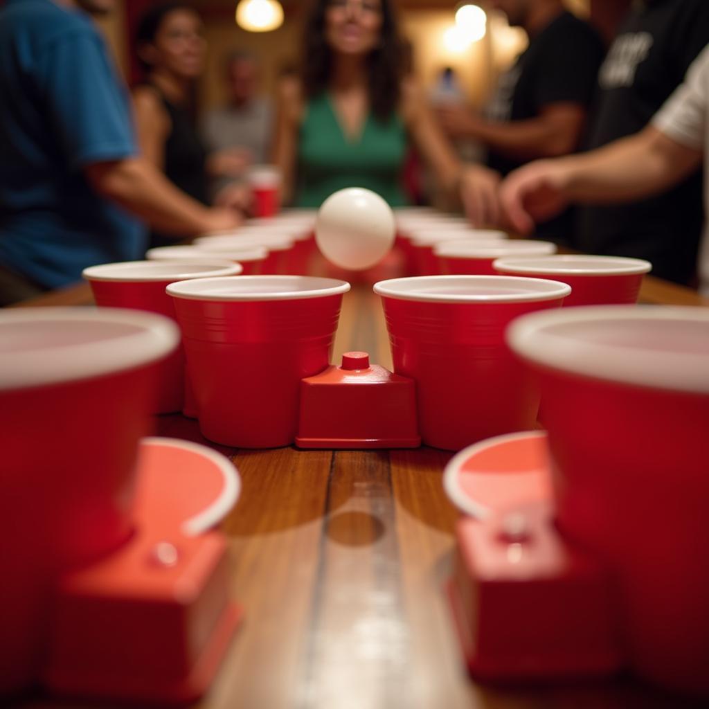 Bàn chơi Beer Pong với cốc bia sắp xếp thành hình tam giác