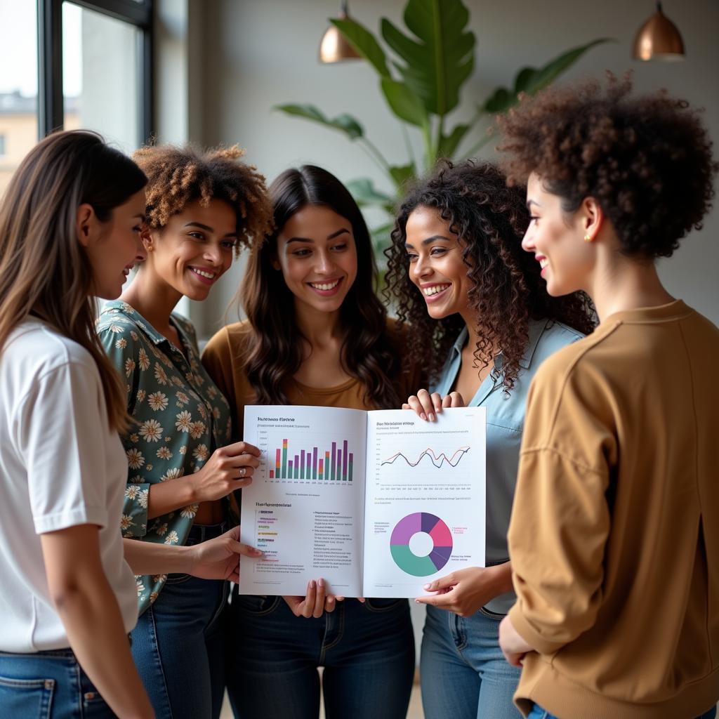 Women holding a report on gender equality