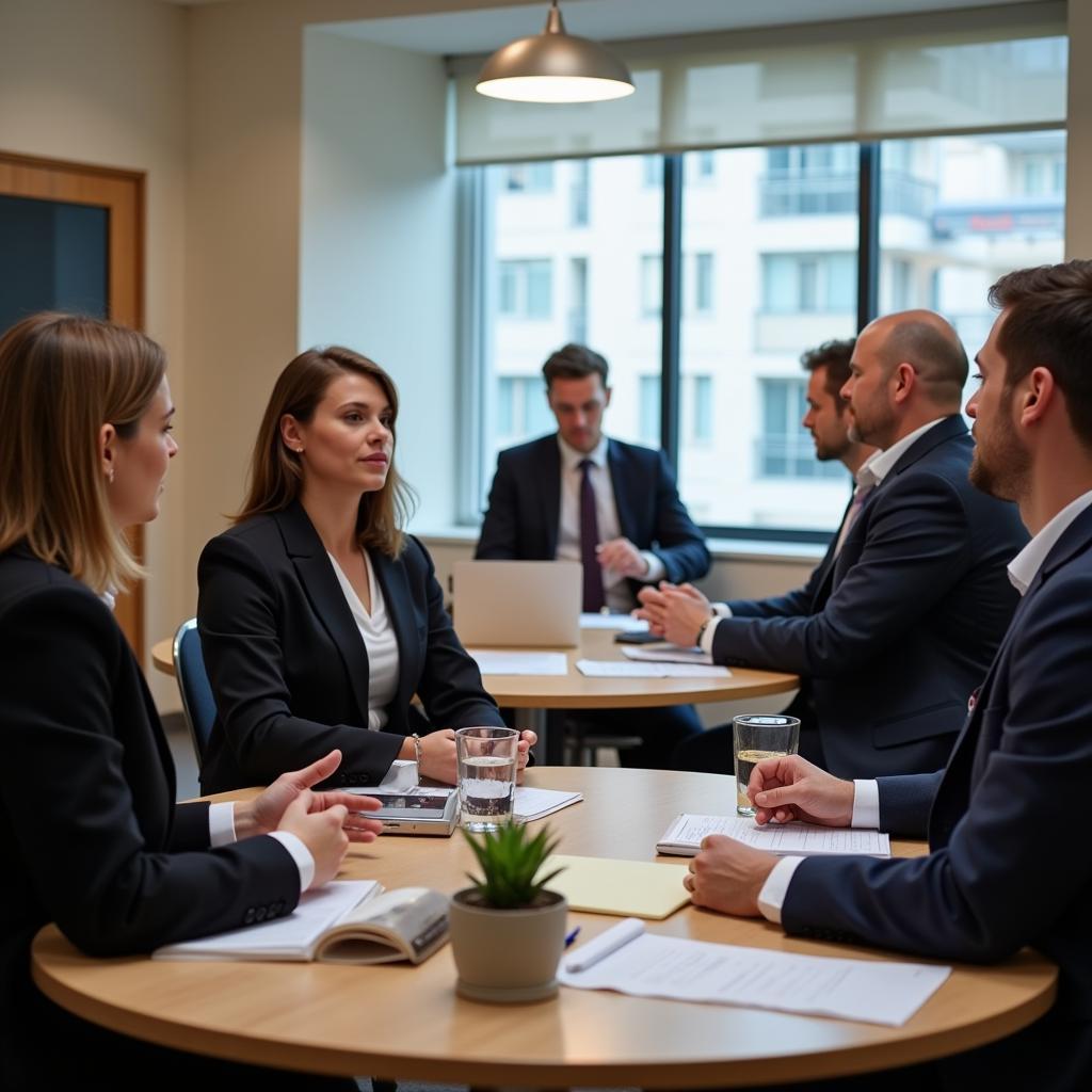 A group of lawyers engaged in a discussion during a training session