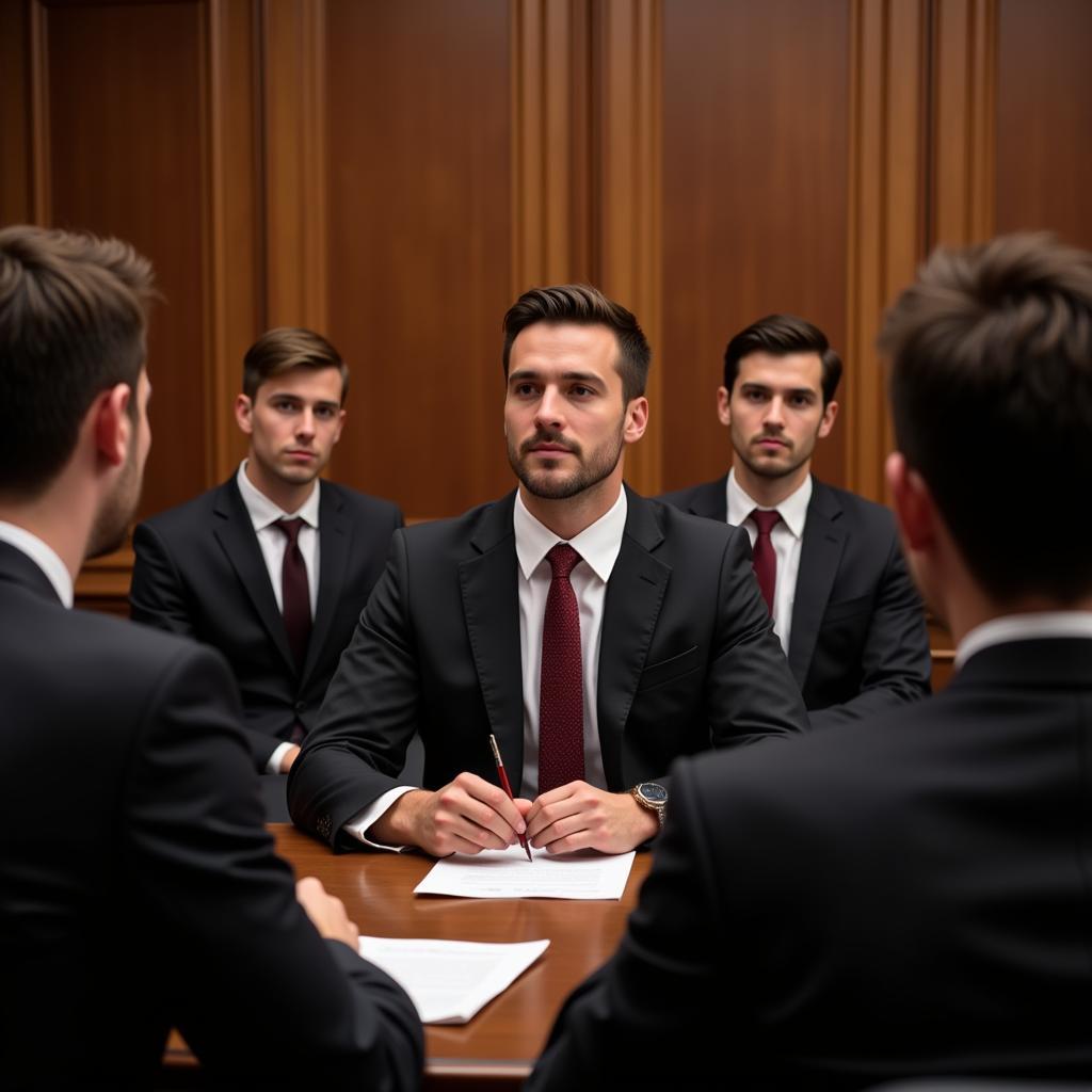 Male law students participating in moot court