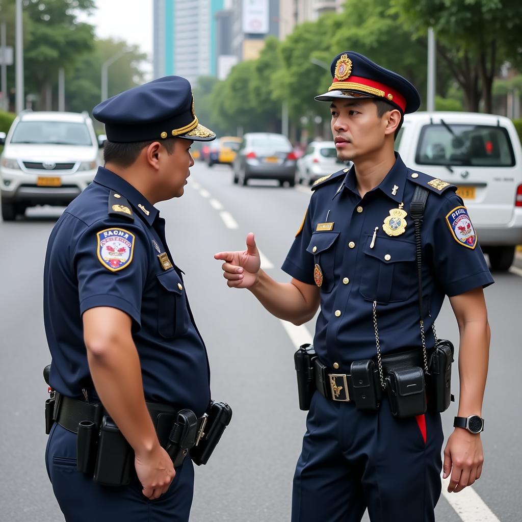 Traffic police officer and a driver