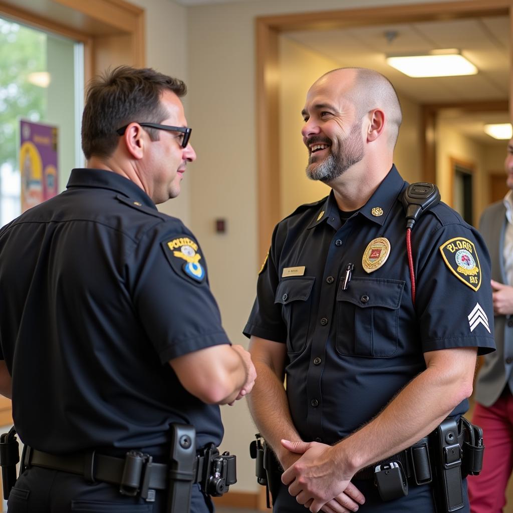 Police officer interacting with citizens at a local community center.