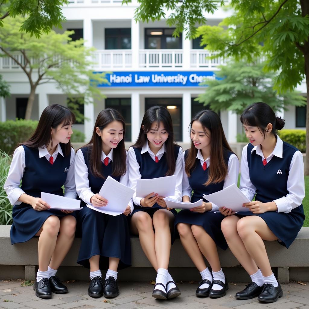 Students reviewing their high school transcripts in front of Hanoi Law University