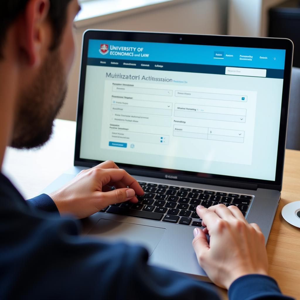 A student filling out the online application form for admission to the University of Economics and Law.