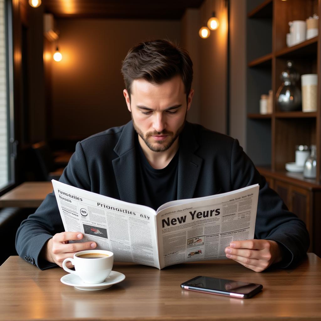 Reading a newspaper at a coffee shop