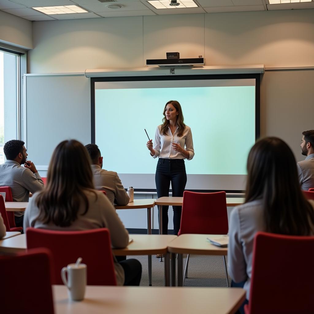 Giáo viên giảng dạy và tương tác với học sinh trong lớp học.