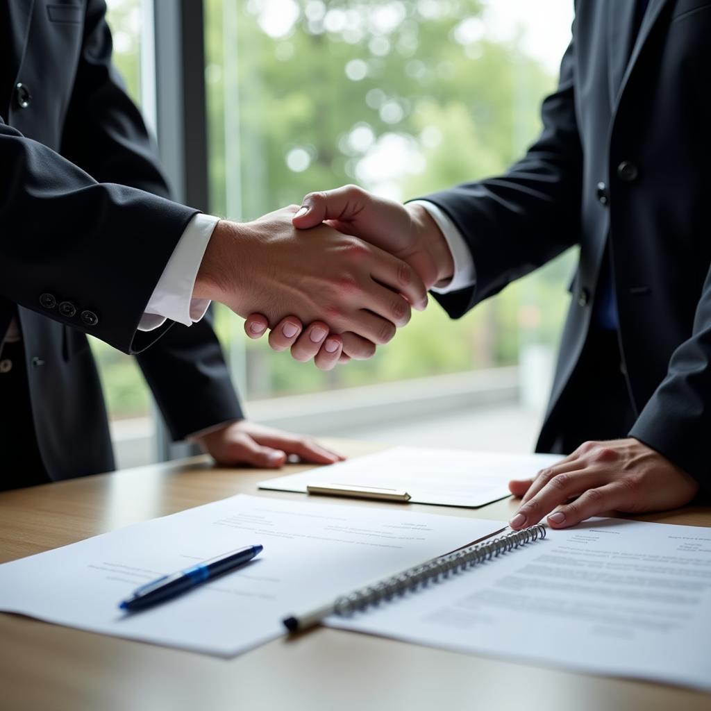 Two people in suits shaking hands across a table with contracts and pens