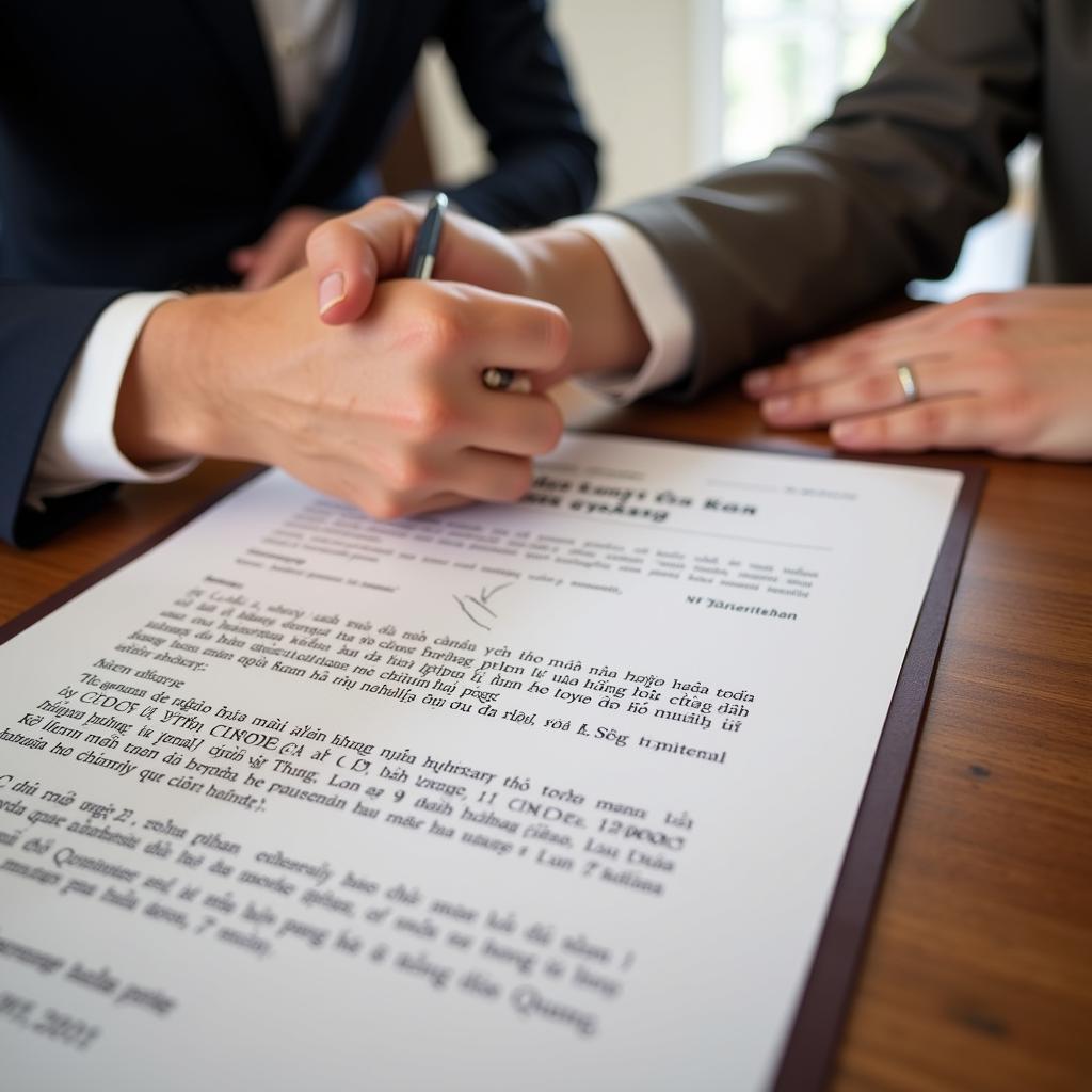 Image of a real estate contract signing, with two people shaking hands across a table with a contract and pen.