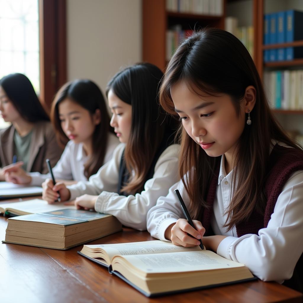 High school students working on their studies, focusing on legal textbooks