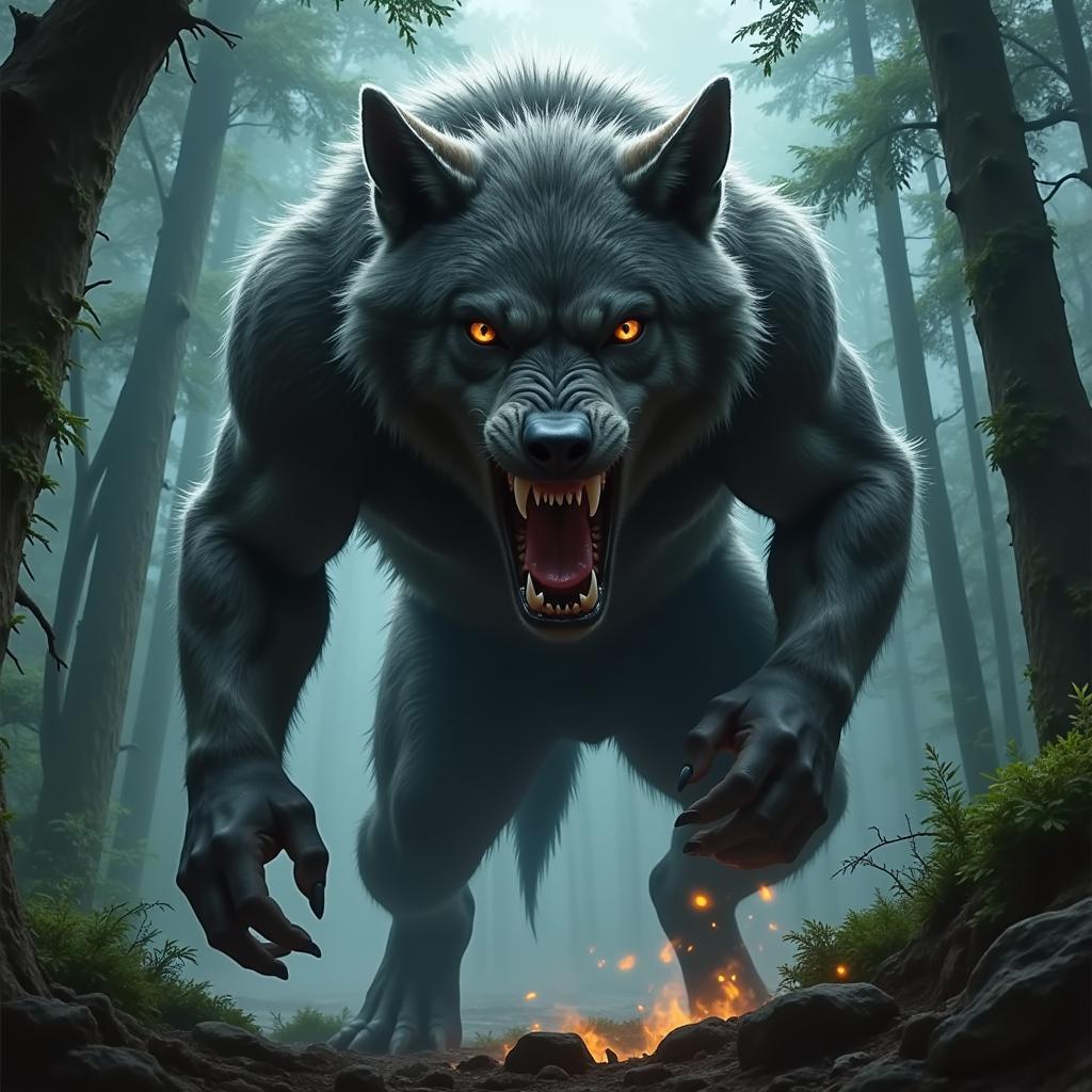 A man transforming into a werewolf, with glowing eyes and sharp fangs, set against a backdrop of a full moon and a dark forest.