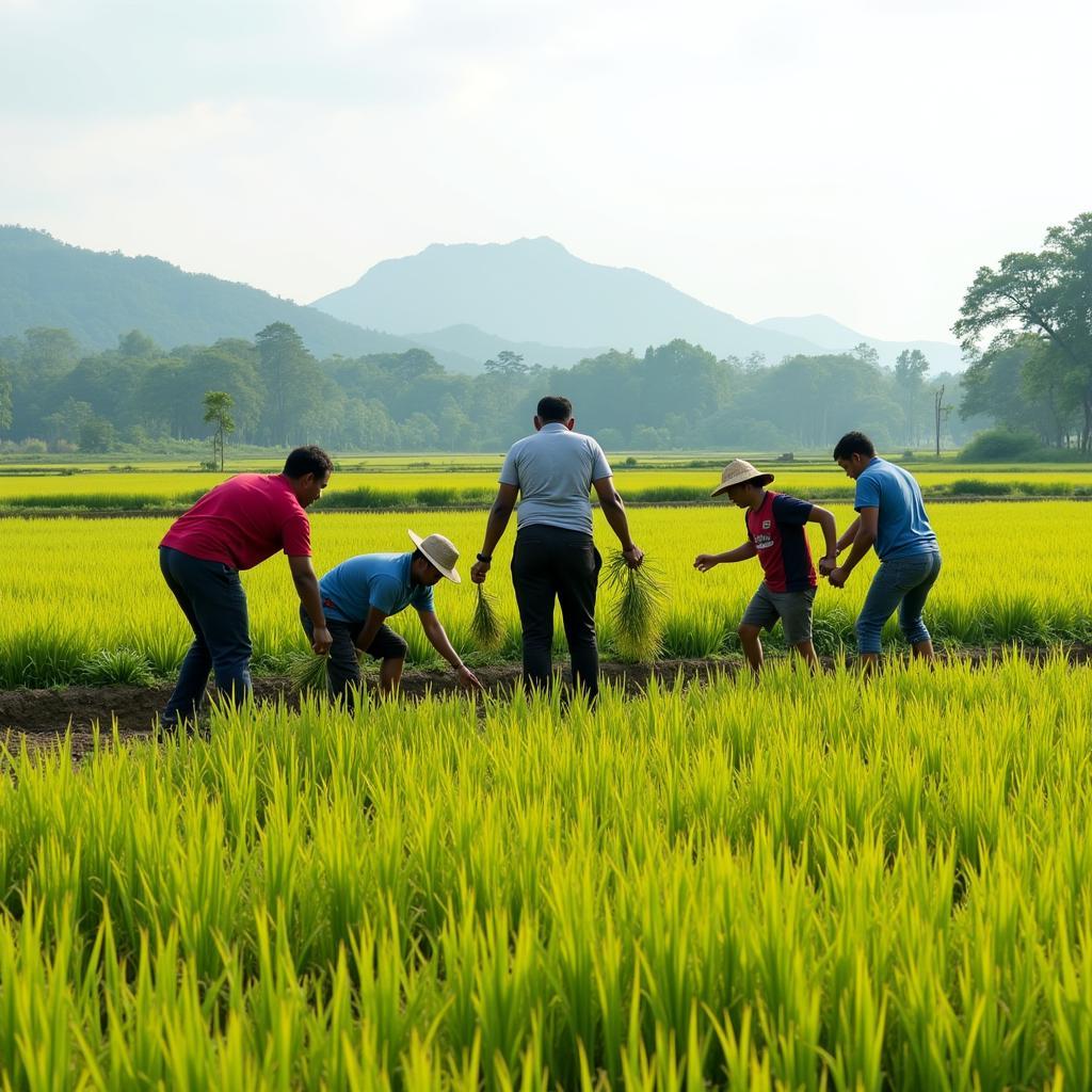 Nông dân thu hoạch lúa cùng nhau