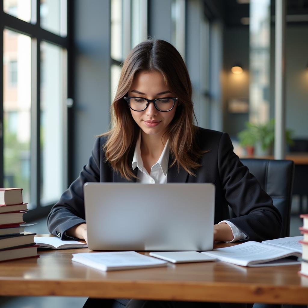 A female journalist working on a legal article