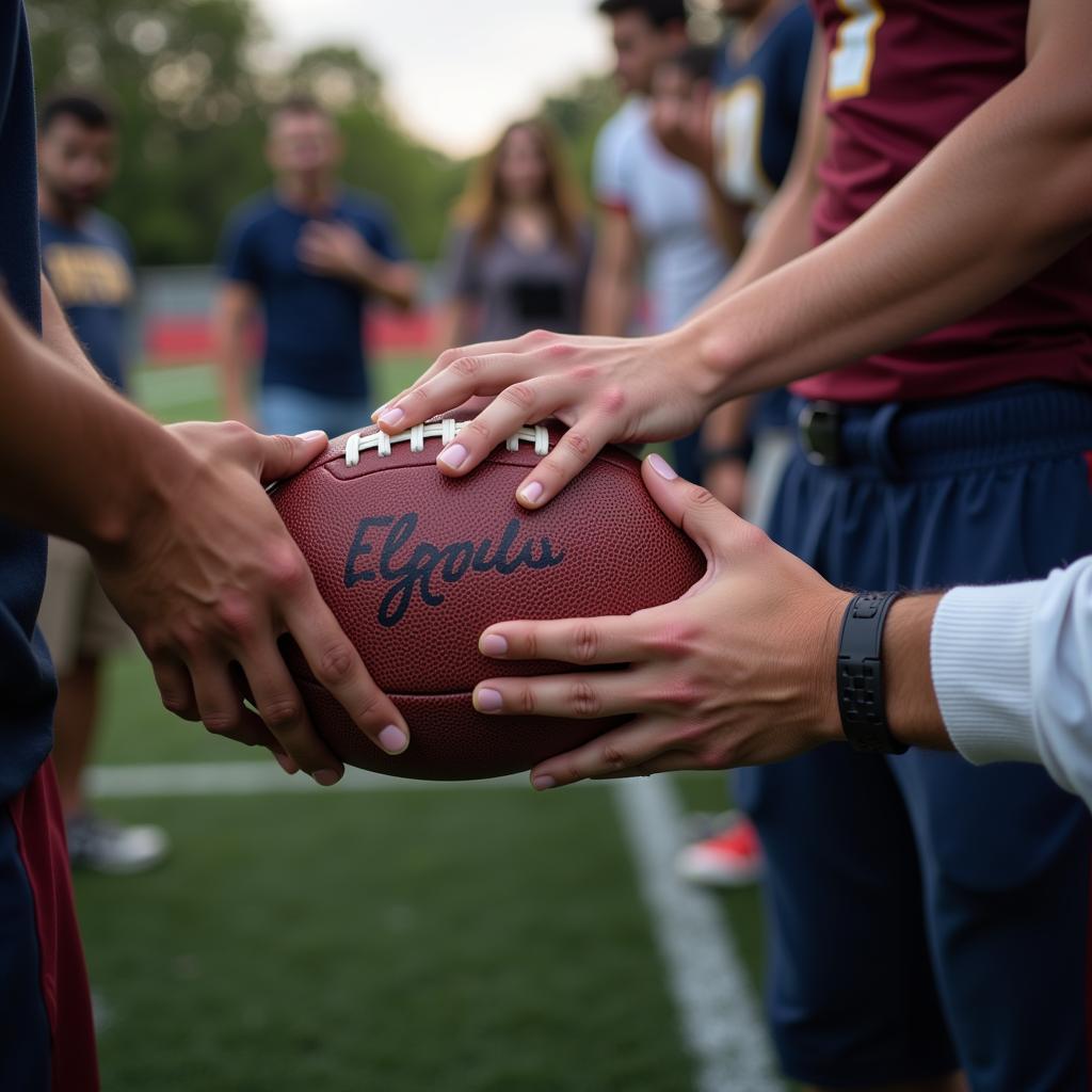 Football player signing autographs for fans