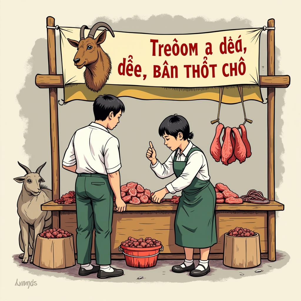 Hình ảnh minh họa cho thành ngữ "Treo đầu dê, bán thịt chó"