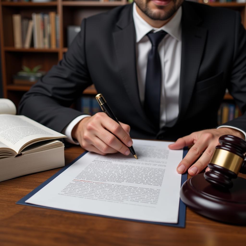 Lawyer working on legal document with law books in the background