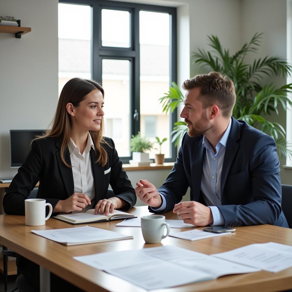 Hình ảnh minh họa về người sử dụng lao động đang trao đổi với nhân viên