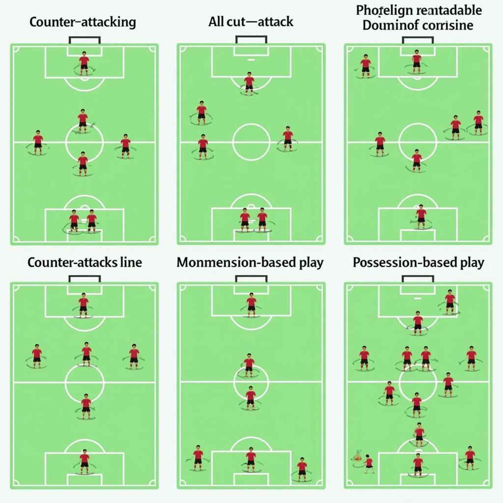 Các chiến thuật bóng đá phổ biến: Phòng ngự phản công, tấn công tổng lực và kiểm soát bóng.