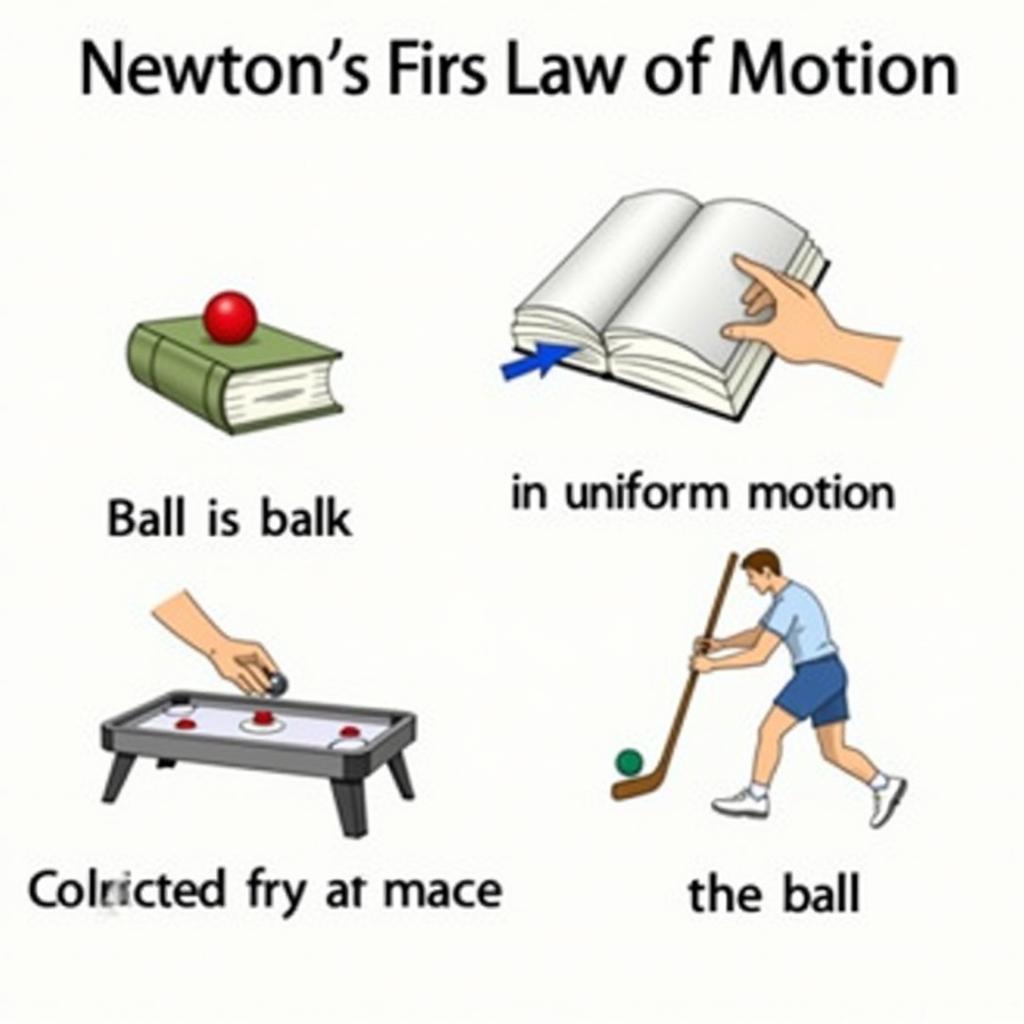 Định luật 1 Newton (Quán tính): Minh họa một vật thể đứng yên hoặc chuyển động thẳng đều trừ khi có lực tác dụng.