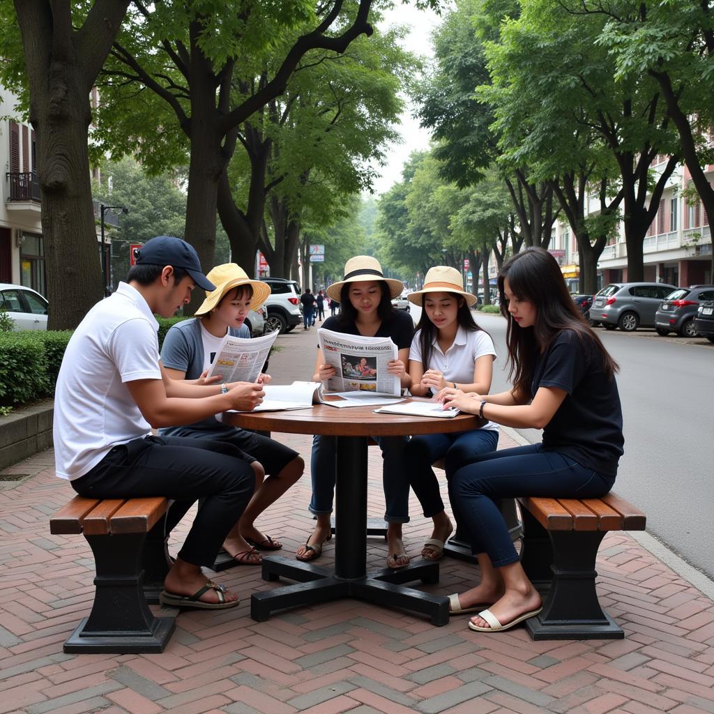 Báo Pháp Luật Thạch Thất Hà Nội: Hình ảnh người dân đọc báo pháp luật tại một điểm công cộng ở Thạch Thất.