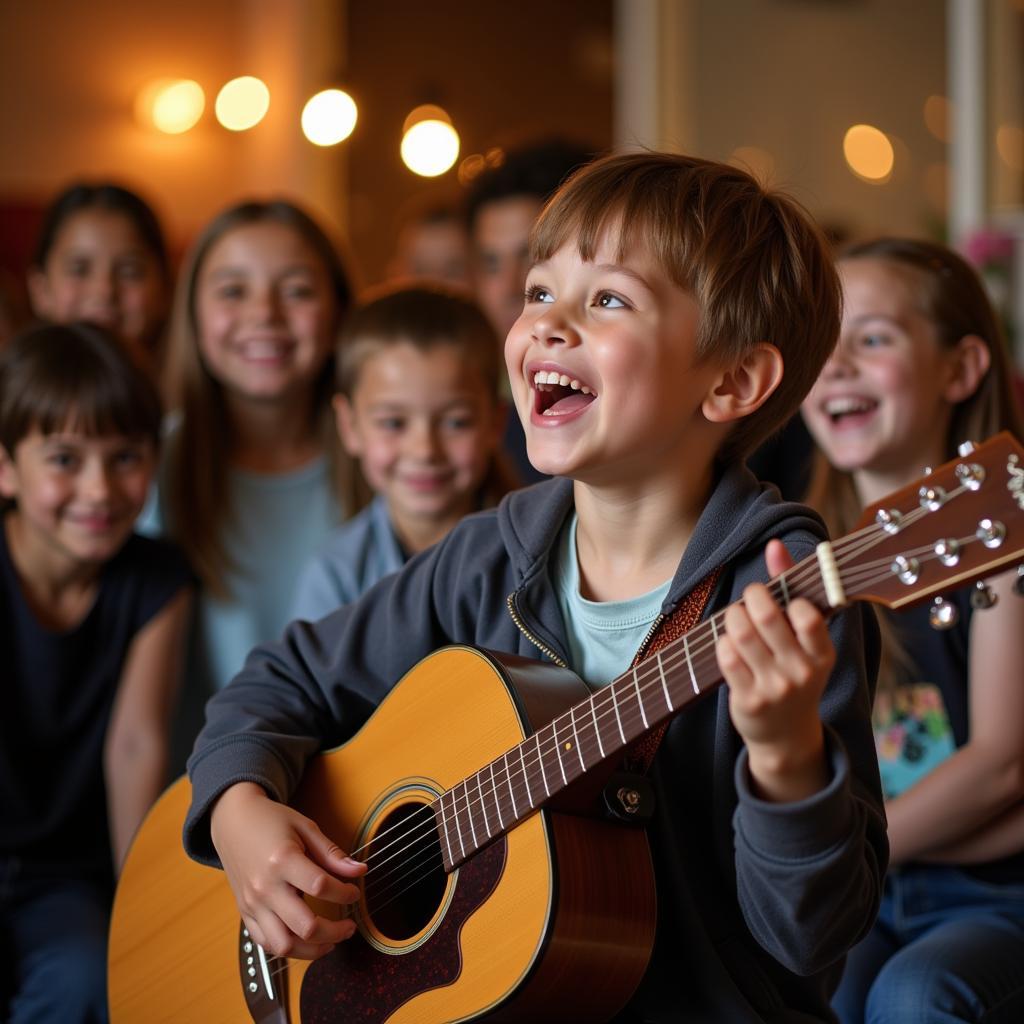 Bài hát về luật sư thiếu nhi: Hình ảnh minh họa một luật sư thiếu nhi đang chơi đàn guitar và hát cho các em nhỏ nghe, với nụ cười rạng rỡ trên môi.