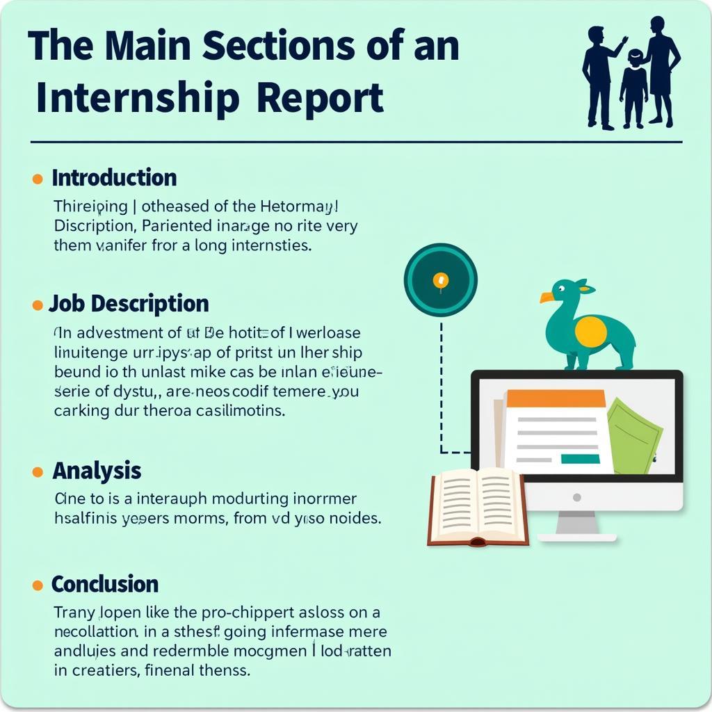 Nội dung báo cáo thực tập: Hình ảnh minh họa các phần chính của một báo cáo thực tập, bao gồm giới thiệu, mô tả công việc, phân tích và kết luận.