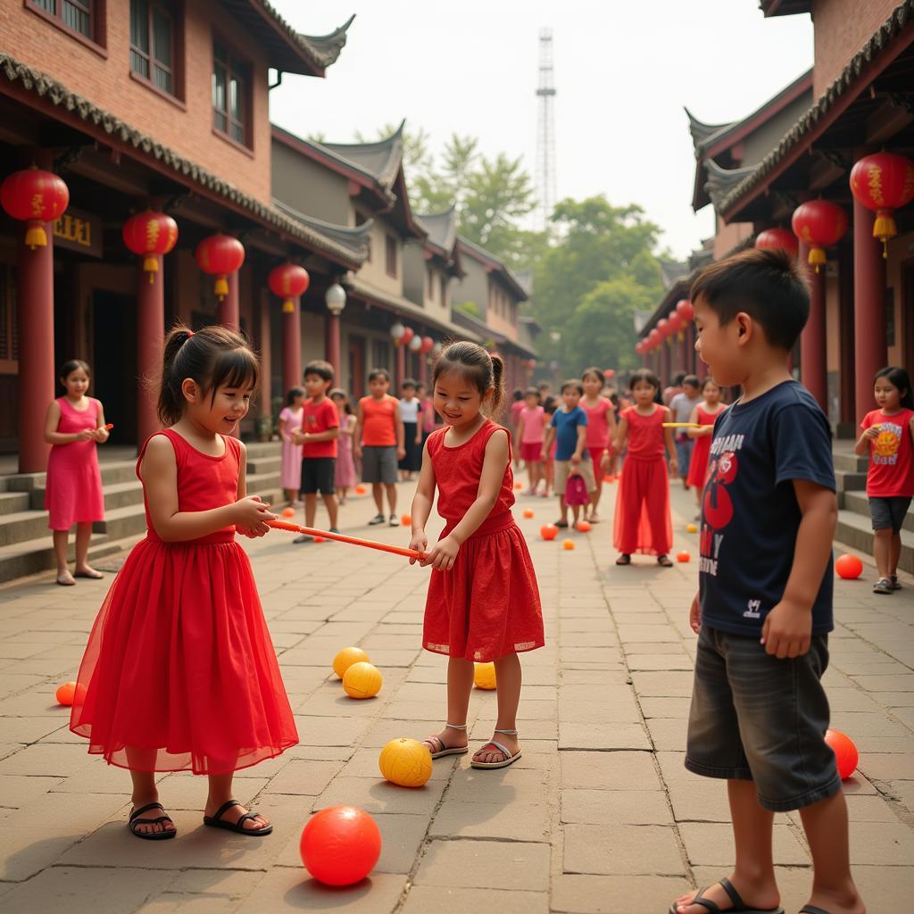 Hình ảnh trẻ em chơi ô ăn quan trong dịp lễ tết