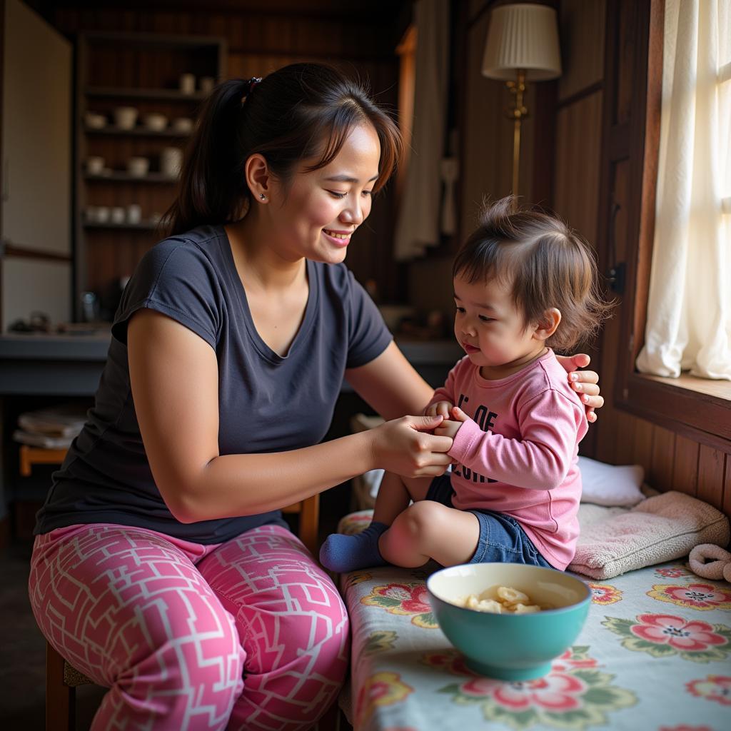 Biện pháp bảo vệ trẻ em bị bỏ rơi: Hình ảnh minh họa một nhân viên xã hội đang trò chuyện và chăm sóc một đứa trẻ.