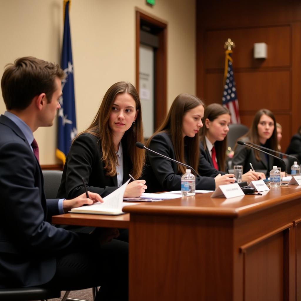 Sinh viên đang tham gia tranh tụng tại một cuộc thi moot court.